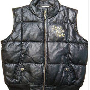 ROCA WEAR, BLACK LEATHER DOWN PUFFER BOMBER VEST, Sz: M